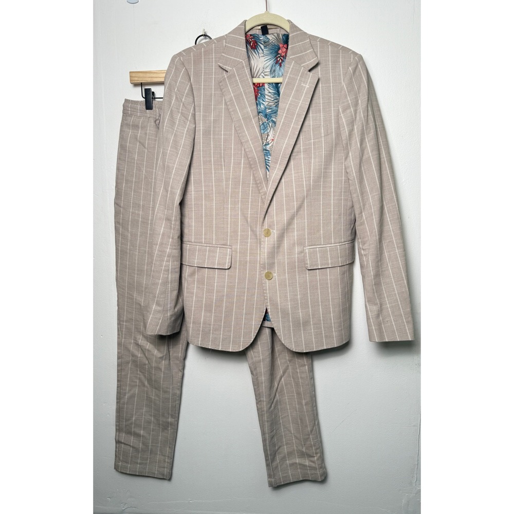 Gianni Feraud Mens Beige Stripe Plaid 2 Piece Suit US 40 Slim Fit Tropical ASOS